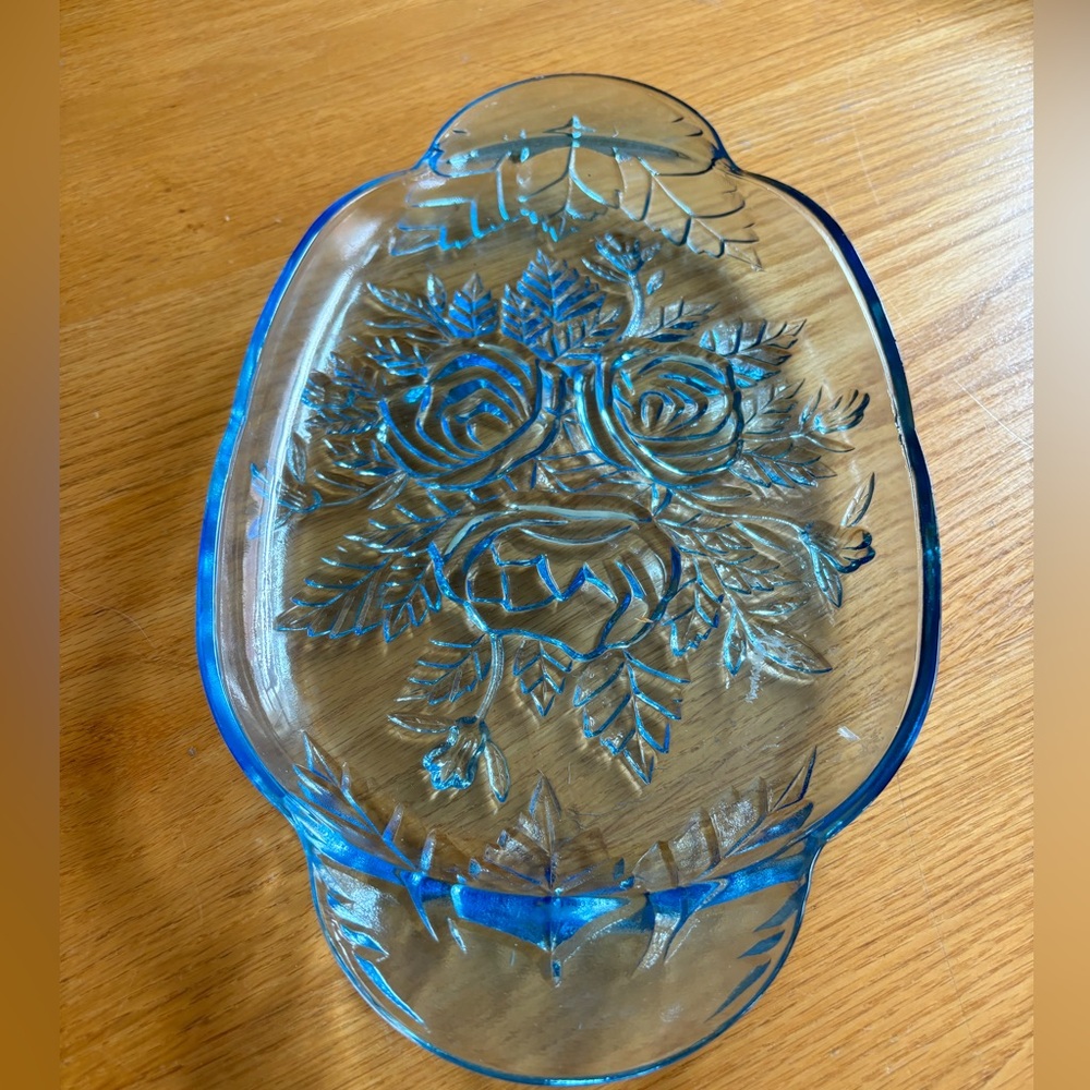 VINTAGE KIG Indonesian Glass Embossed Roses Tray in Ice Blue